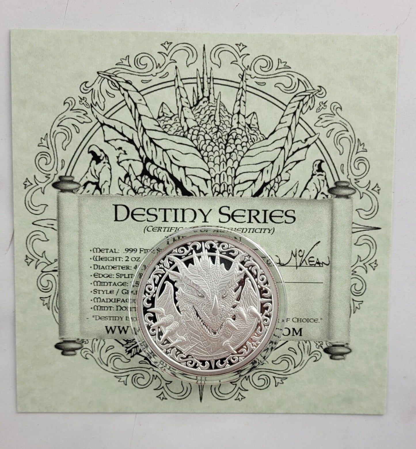 The Dragon 2oz. Destiny Series Proof Round w/COA .999 Fine Silver