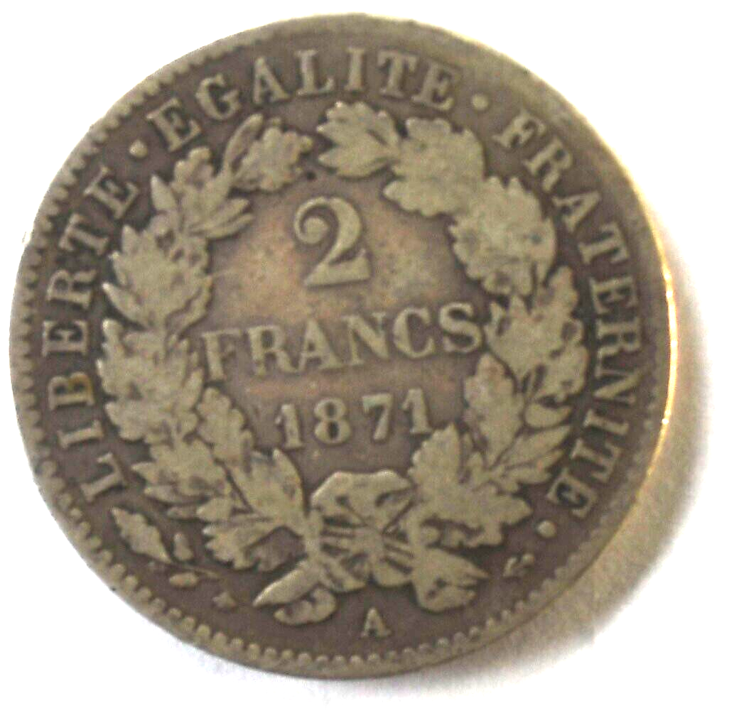 1871 A France 2 Two Francs Silver Coin KM# 817.1