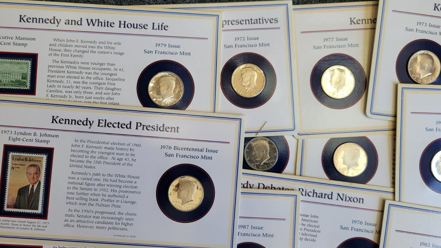 17pc. Set Of Kennedy & Franklin Half Dollar Coin & Stamp Carded Collection