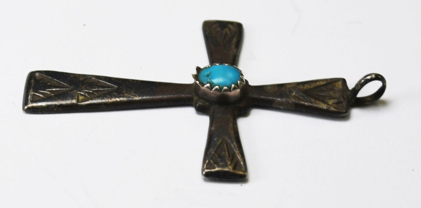 Sterling Silver Turquoise Cross Pendant 47mm x 28mm Etched Arrows Flames