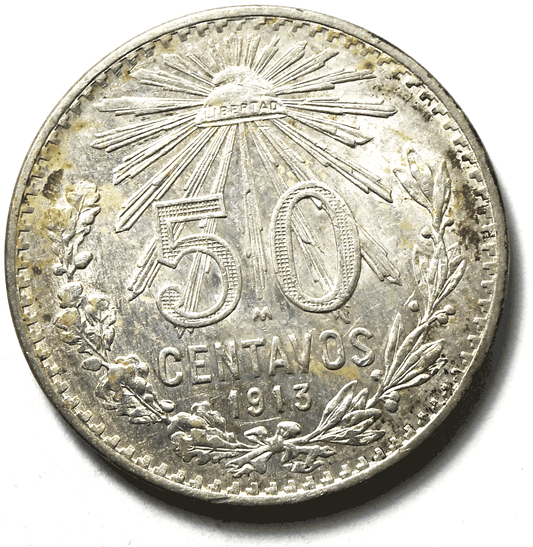 1913 Mexico Estados Unidos Mexicanos Fifty Centavos 50c Silver Coin KM#445 AU