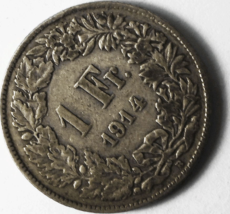 1914 B Switzerland One Franc Silver Coin KM# 24