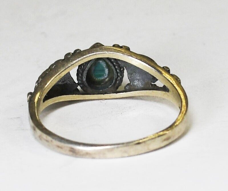 Sterling Silver Malachite Teardrop Leaf Floral Edge Ring 7mm Size 7-1/4