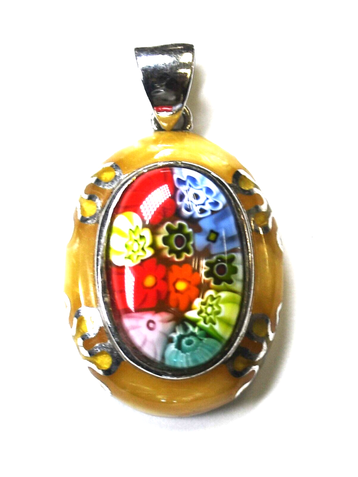 Sterling Oval Yellow Colorful Flower Glass Pendant 35mm x 20mm