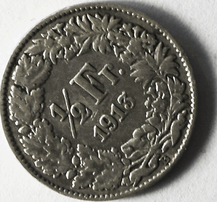 1913 B Switzerland 1/2 Franc Silver Coin KM# 23