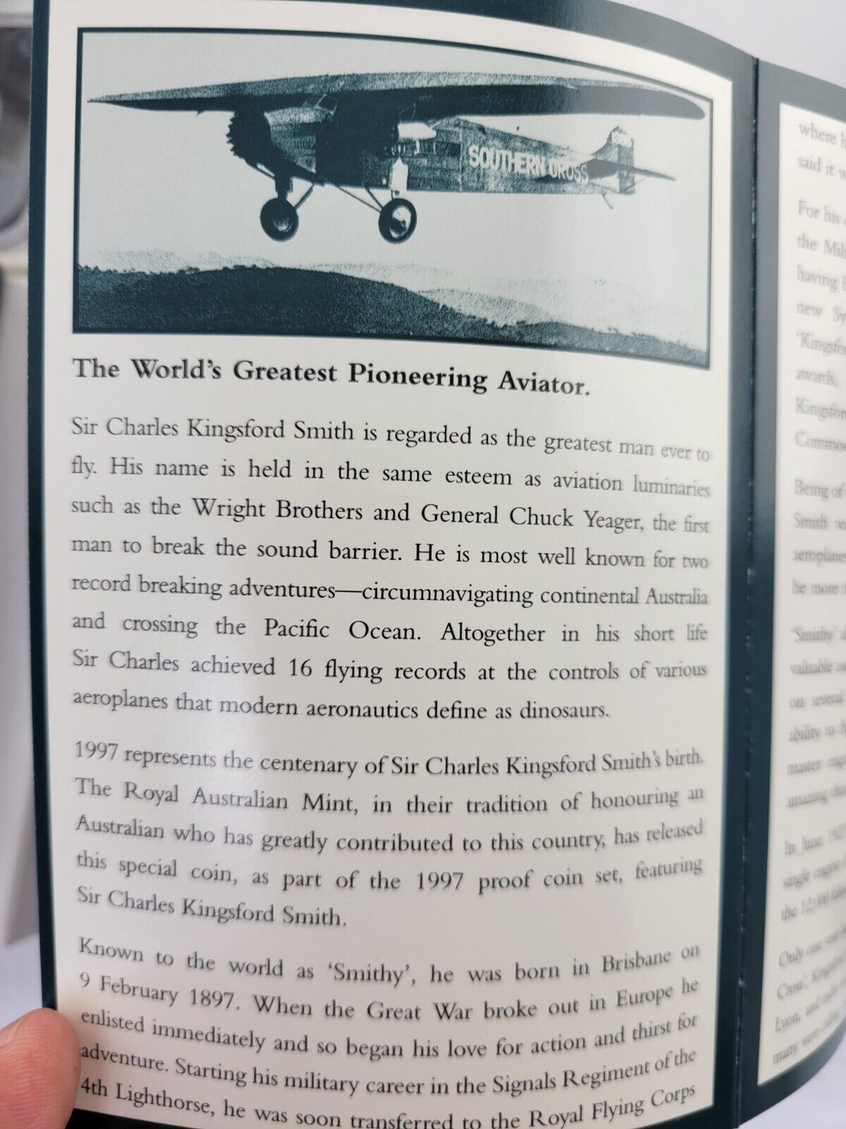 1997 Australian 6 coin Proof Set, $2, Sir Charles Kingsford Smith, Aviator