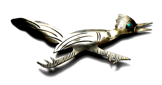 Sterling Silver Roadrunner Turquoise Eye Brooch Pin 78mm x 28mm