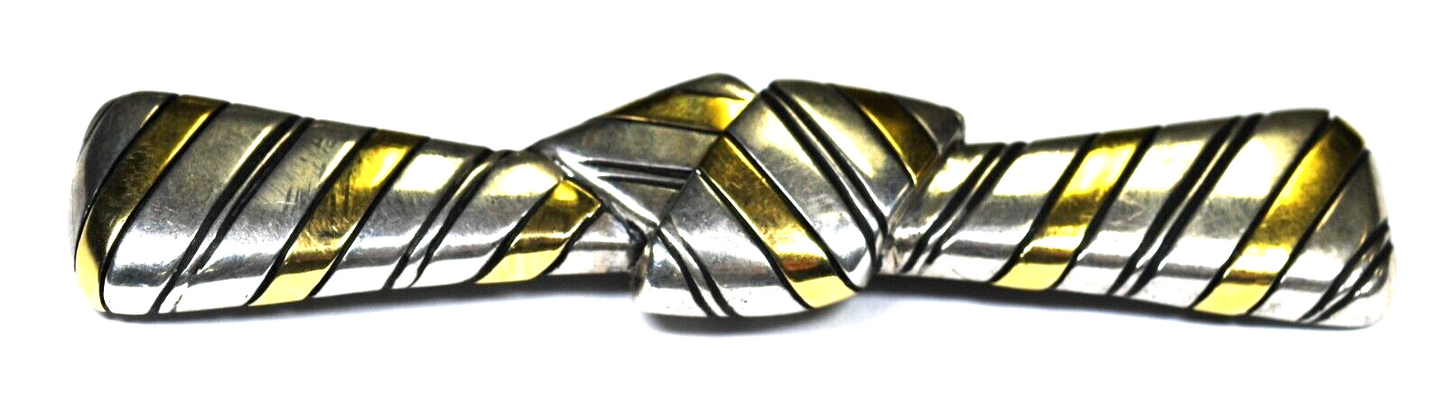 Michael Bondanza Sterling & 18k Striped Bow Tie Knot Brooch Pin 3.25" x 18mm
