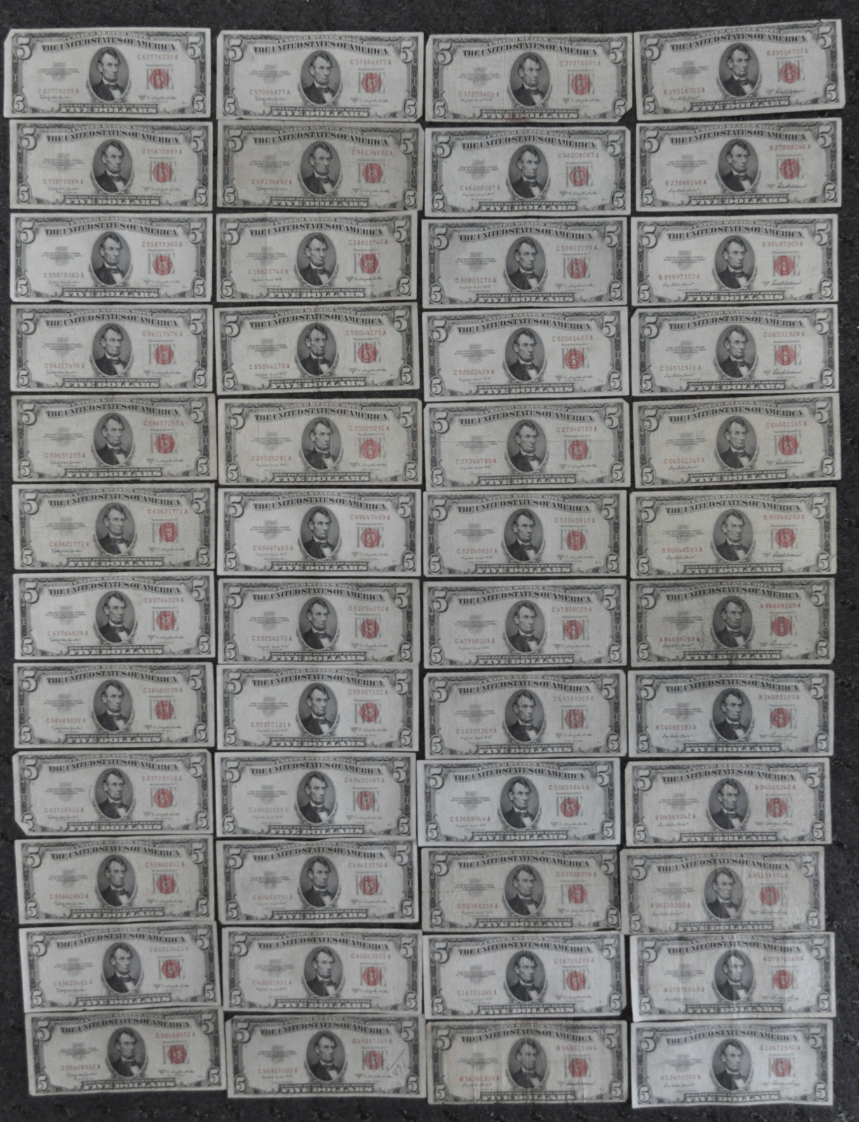 Lot of 48 Series 1953 53A 53B & 53C $5 Legal Tender Red Seal Notes Circulated