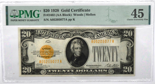 1928 $20 Twenty Dollars Gold Certificate A05205077A Fr#2402 PMG XF 45