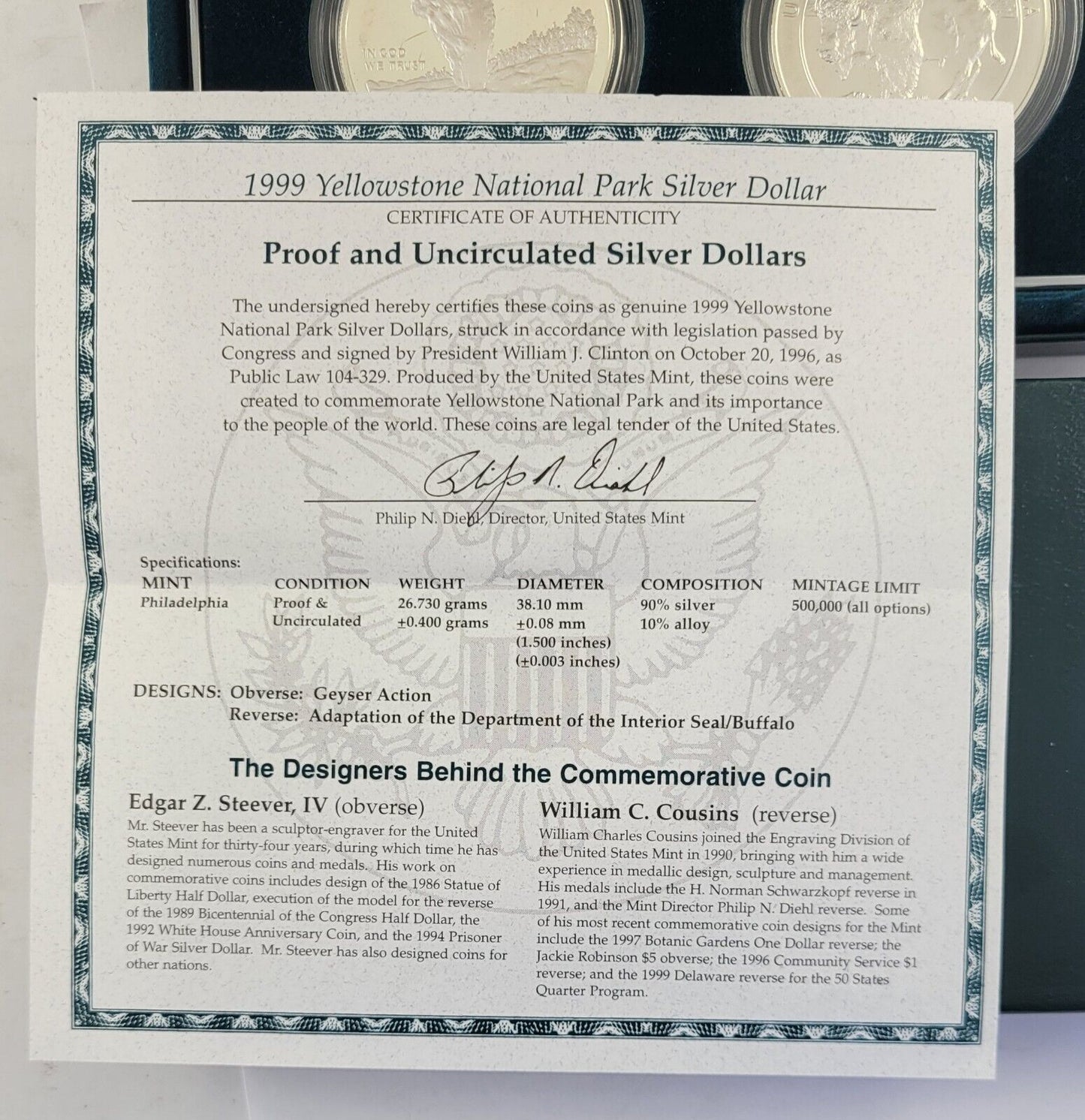 1999-P Yellowstone National Park Silver Commemorative Program 2 Coin Set Boxed