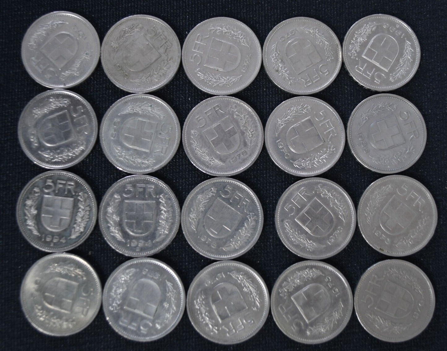 20pc Switzerland 5 Five Franc Coin Lot 1970-1996