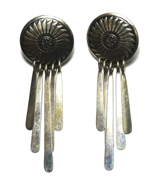 Silver Tone Round Concho Beaded Dangle Earrings 56mm x 19mm