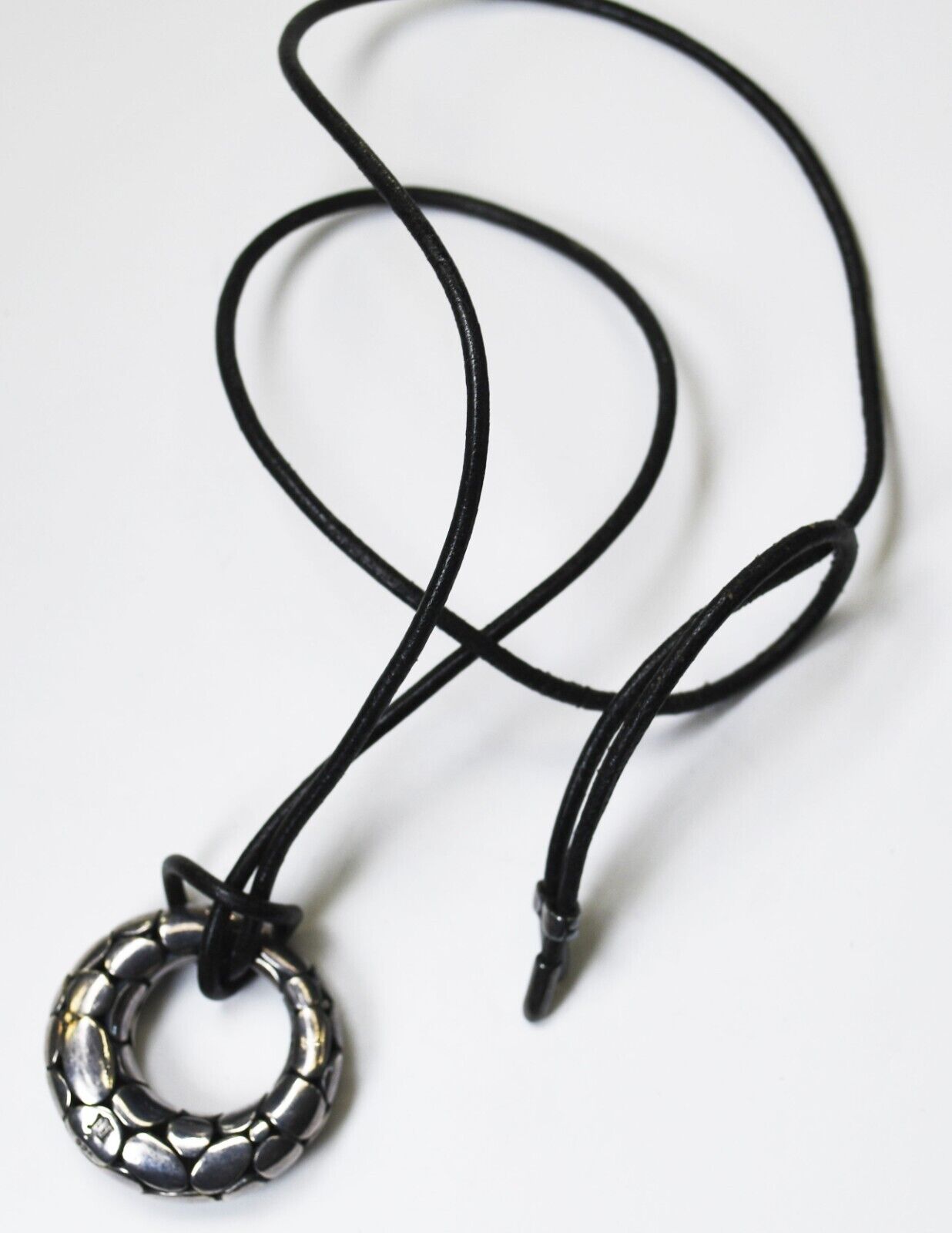 Sterling John Hardy Donut Round Kali Pebble Pendant 31mm 25" Black Cord Necklace