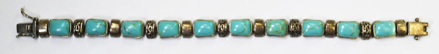 Sterling Silver Dyed Howlite Turquoise Rectangle Filigree Bracelet 9mm 7"