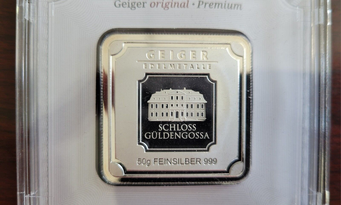 50 gram Silver Bar - Geiger Edelmetalle Original Square Series Germany Encased