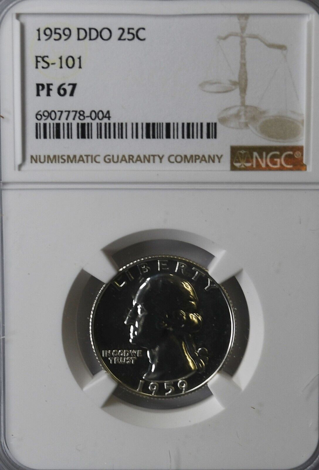 1959 DDO 25c Washington Proof Silver Quarter Dollar NGC PF67 FS-101