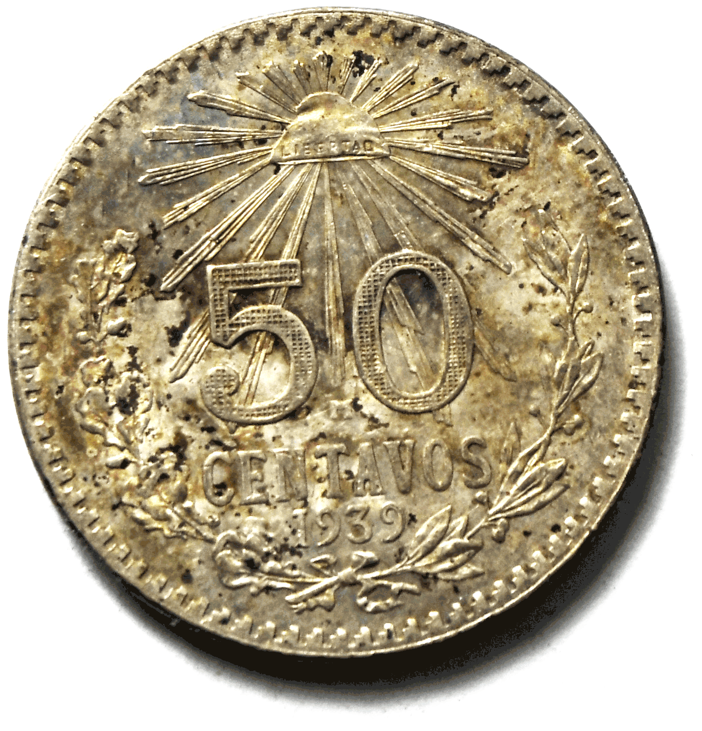 1939 Mexico Estados Unidos Mexicanos Fifty Centavos 50c Silver Coin KM#447