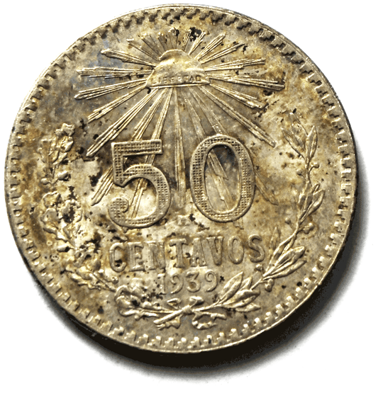 1939 Mexico Estados Unidos Mexicanos Fifty Centavos 50c Silver Coin KM#447