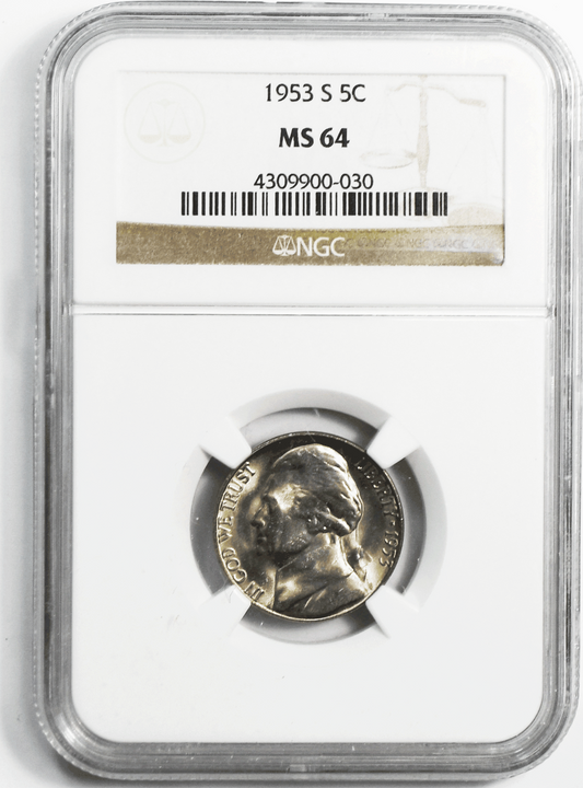1953 S 5c Jefferson Nickel NGC MS64 BU San Francisco Five Cents