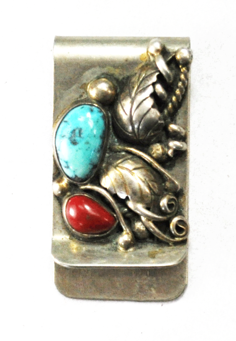 Sterling Turquoise Coral Floral Della Presley Curley Money Clip 2" x 1"