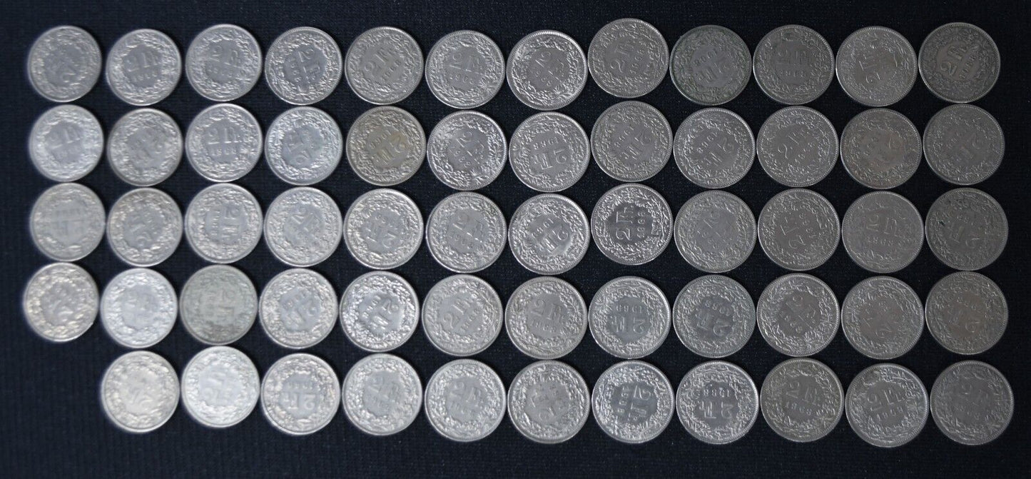60pc Switzerland 2 Two Francs Coin Lot 1970-2006