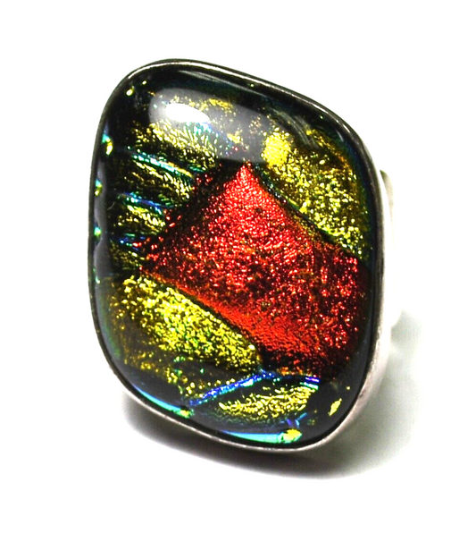 Sterling Silver Mexico Yellow Red Glass Ring 25mm Size 7