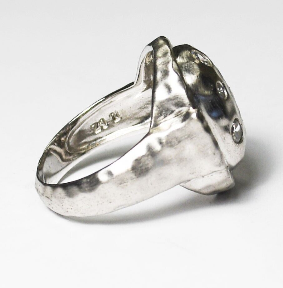 Sterling Silver Domed Hammered CZ Ring 19mm Size 8