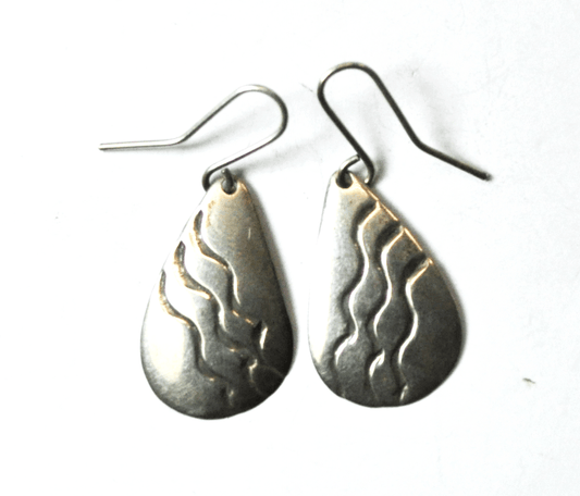 Sterling Silver Teardrop Wave Stripe Earrings Hook Dangle 1-3/8"  x 19mm