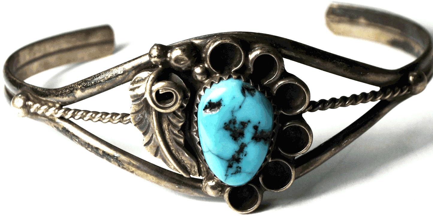 Sterling Silver Floral Turquoise Wire Split Cuff Bracelet 24mm 6-1/2" Wrist