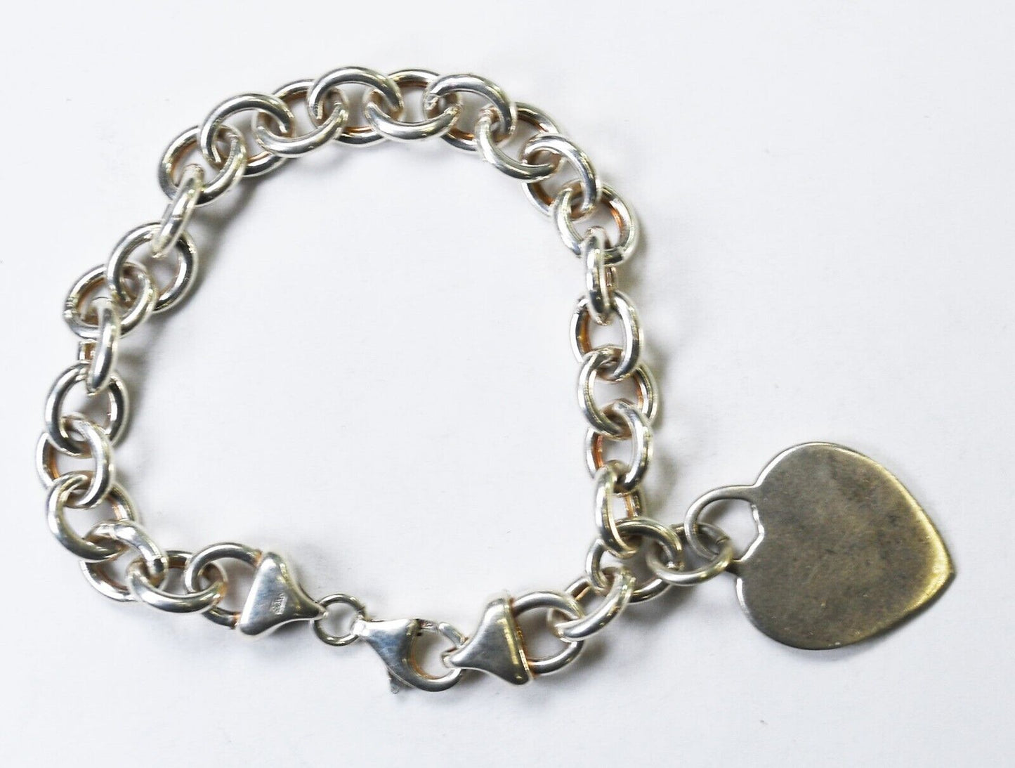 Sterling Silver 8mm Oval Chain Link Heart 26mm Charm Bracelet 7-1/4"