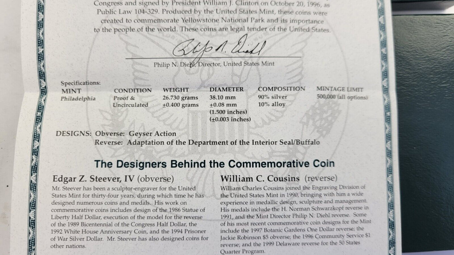 1999-P Yellowstone National Park Silver Commemorative Program 2 Coin Set Boxed