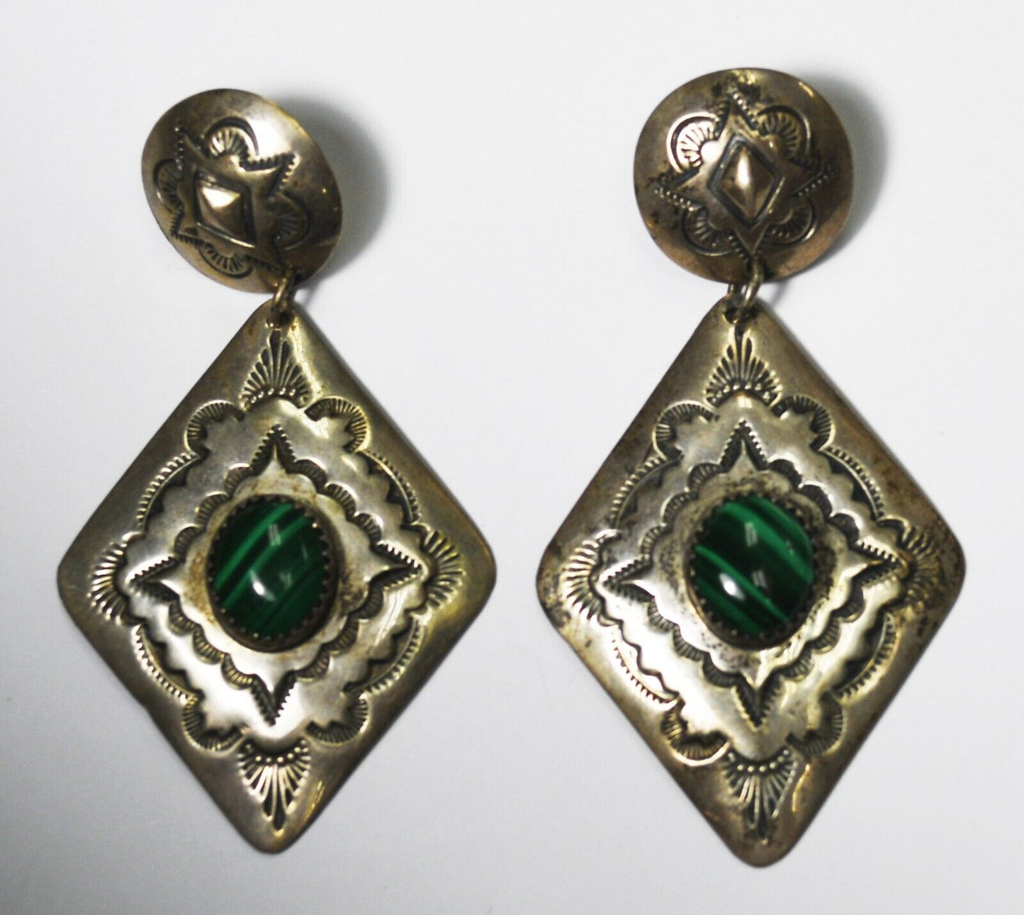 Sterling Silver Arthur Platero Malachite Concho Earrings 67mm x 35mm