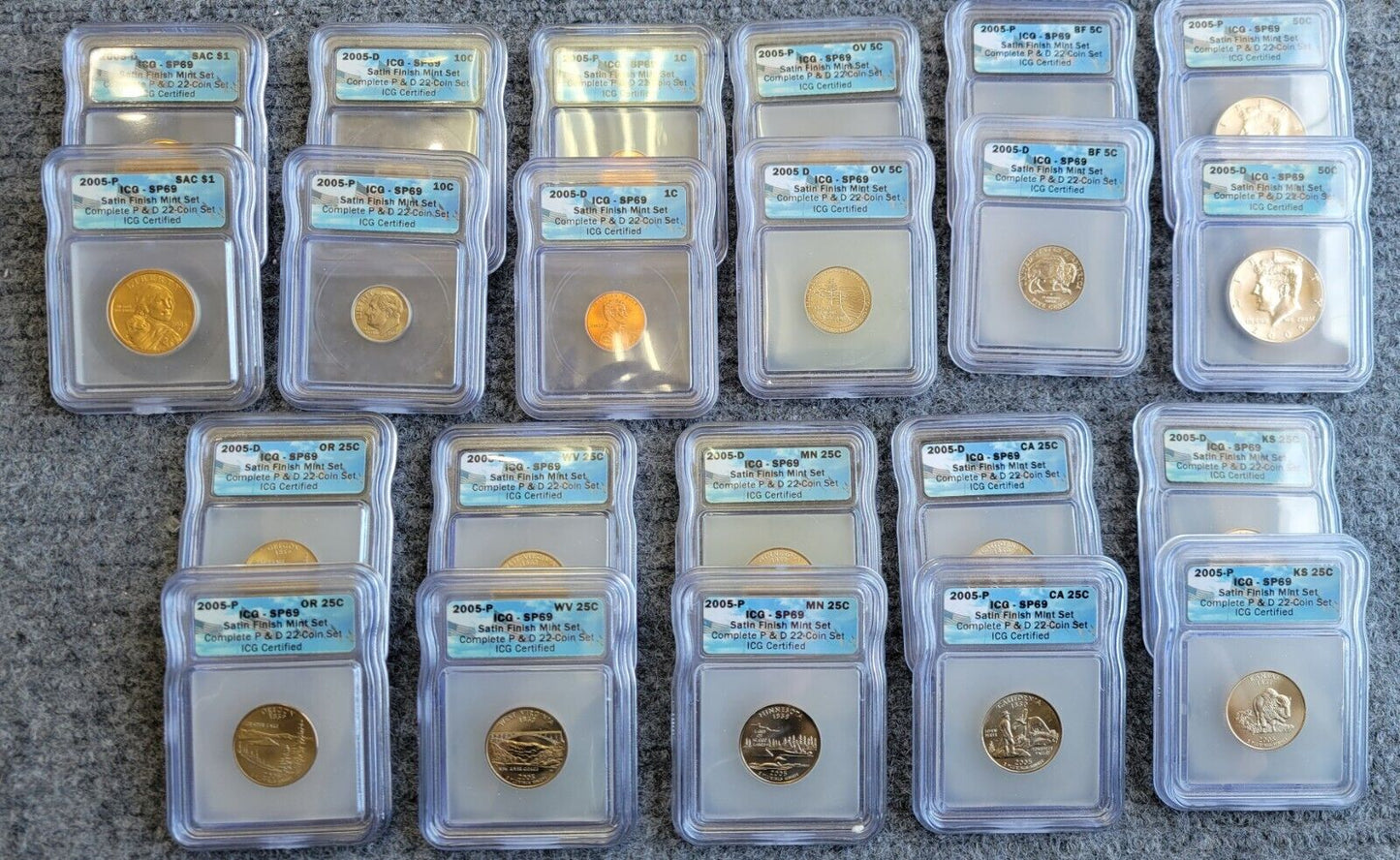 2005-P & D Satin ICG SP69 Set Sacagawea, Cent, Dime, Half, Quarter, Nickel 22pc