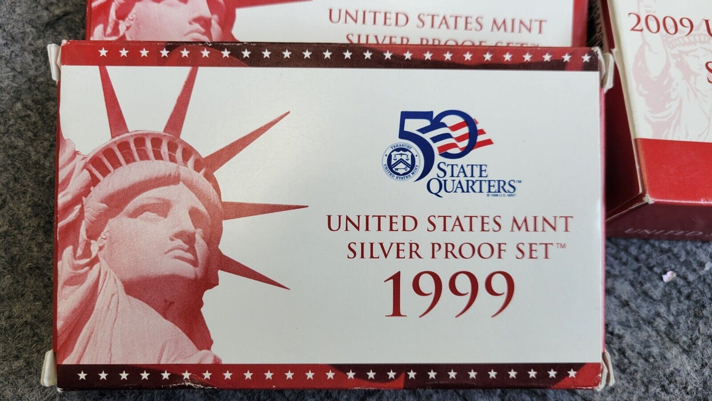 9 Set Lot Of US Mint Silver Proof Sets 1999, 2009, 2016, 2017, 2019, 2012, 2014