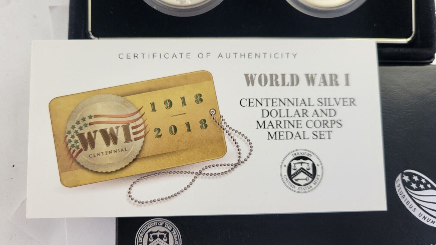 2018 World War I Centennial Silver Dollar and Marine Corps Medal Set w/COA Boxed