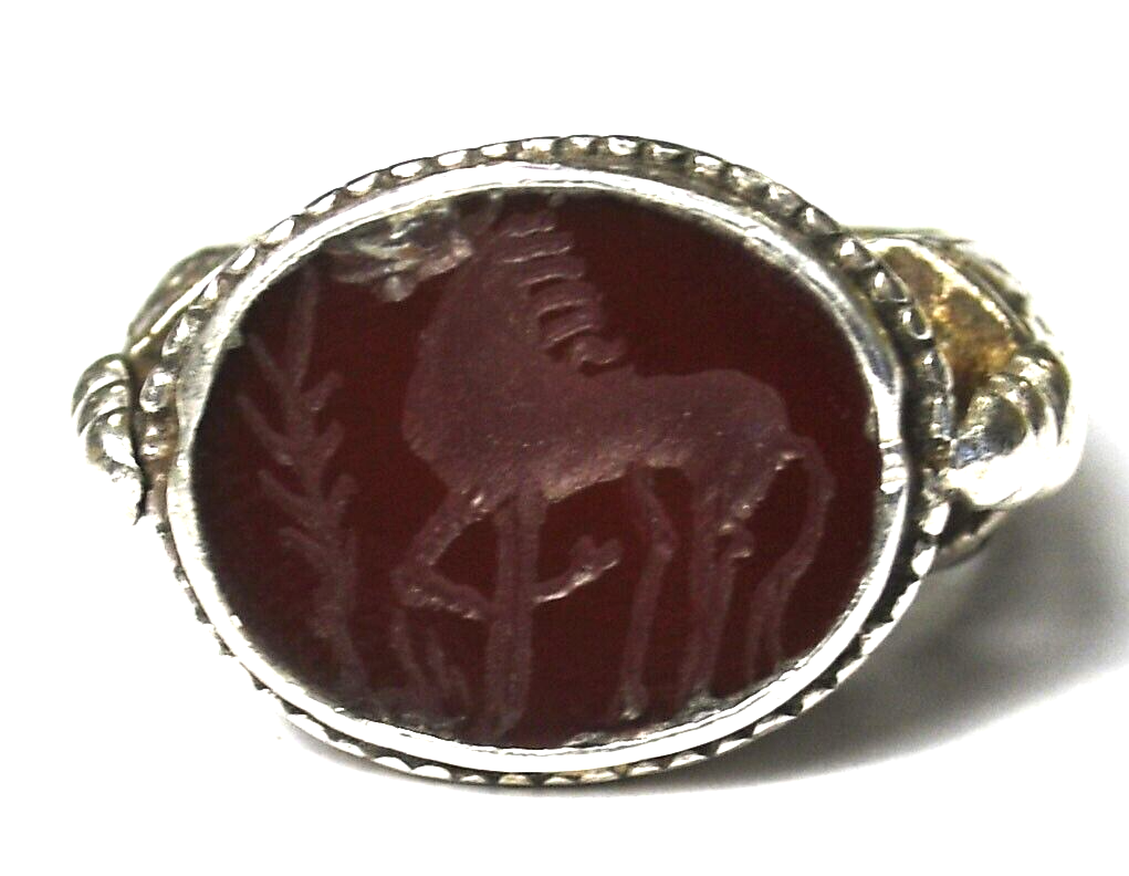 Sterling Silver Red Horse Equestrian Carved Agate Ring 16mm Size 9.5
