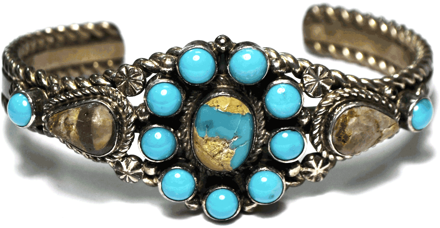 Sterling Signed JL Turquoise Cluster Jasper Cuff Bracelet 26mm 6-3/4" Wrist