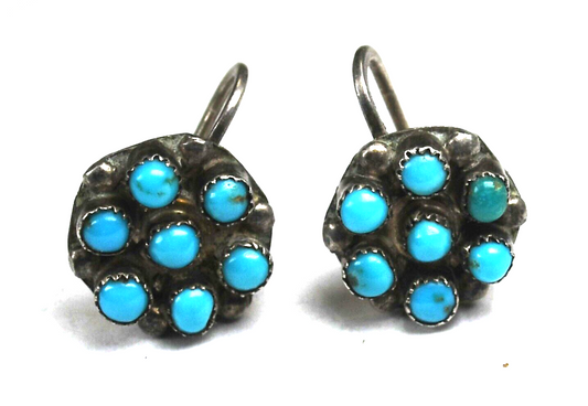Sterling Vintage Turquoise Cluster Screw Clip On Earrings 12mm