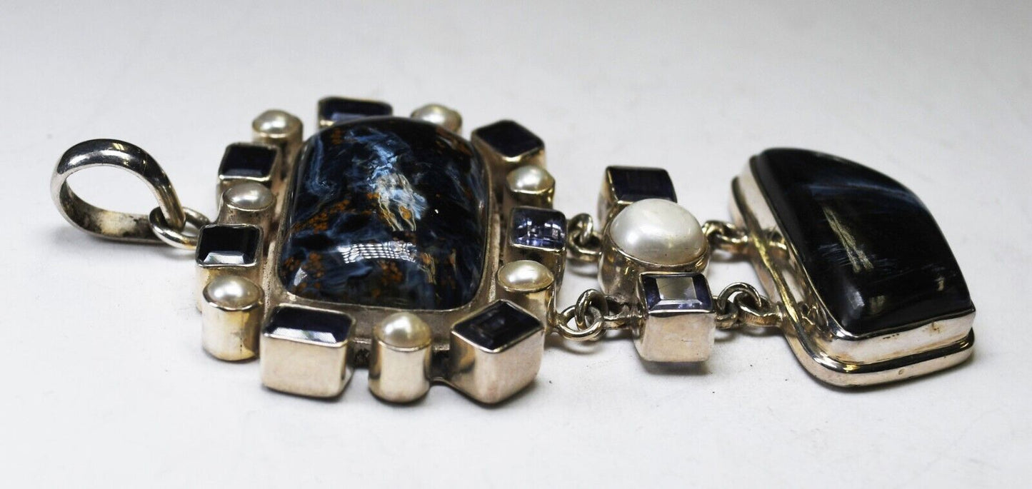 Sterling Silver Blue Tiger's Eye Amethyst Pendant 3.5" x 46mm