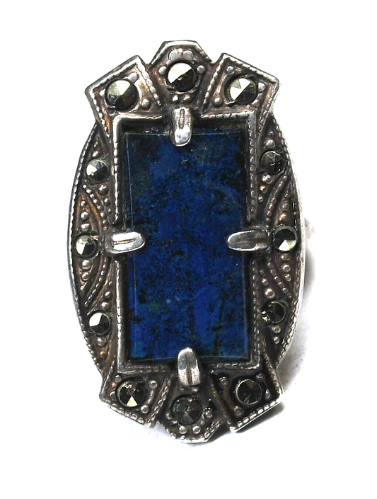 Sterling Silver Rectangle Lapis Marcasite 27mm Ring Size 3.5