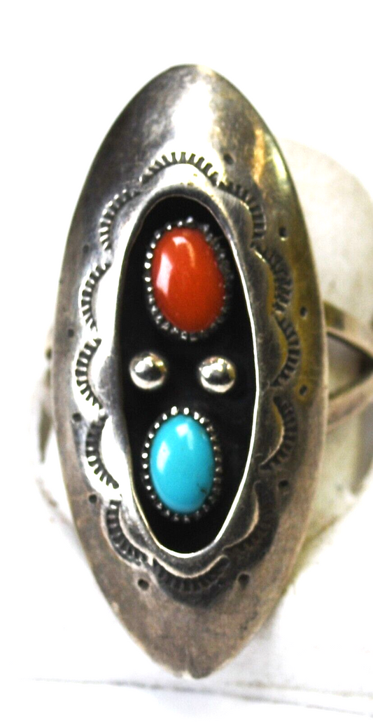 Sterling Silver Rj Coral Turquoise Shadow Box Oval 35mm Size 9.25