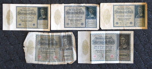 5-  1922 Germany 10,000 Ten Thousand Mark Reichsbanknote 1st Issue Large & Small