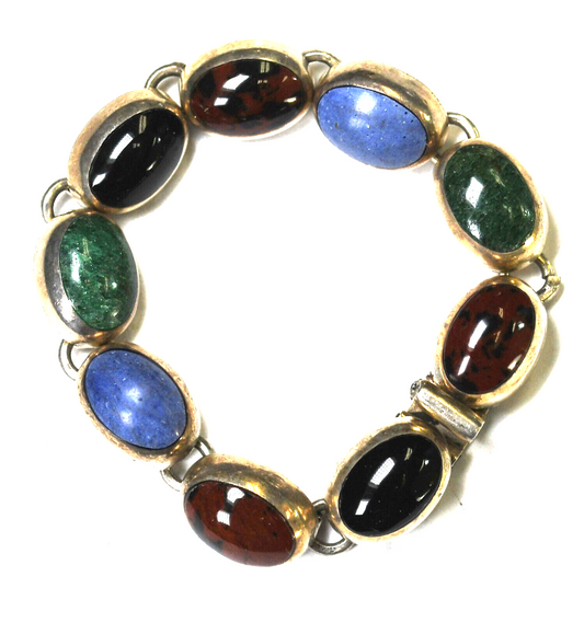 Sterling Silver Oval Multi Stone Onyx Obsidian Nephrite Bracelet 12mm 6.5"