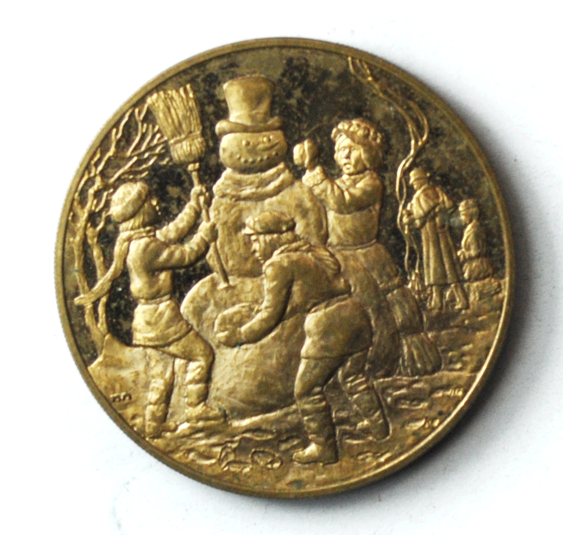 1977 Franklin Mint Bronze Snowman Christmas X-mas 39mm Round