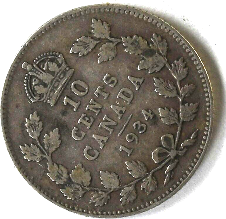 1934 Canada 10c Ten Cents Silver Coin Dime KM# 23a