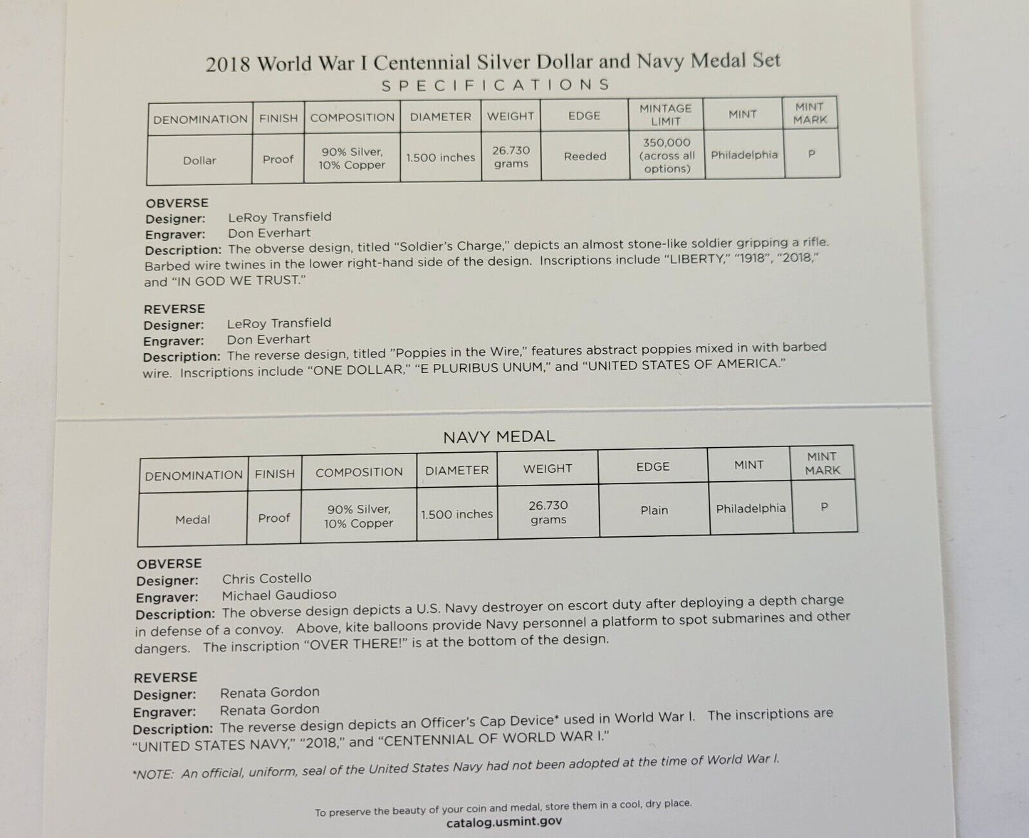 2018 World War I Centennial P Silver Dollar and Navy Medal Proof Set Boxed