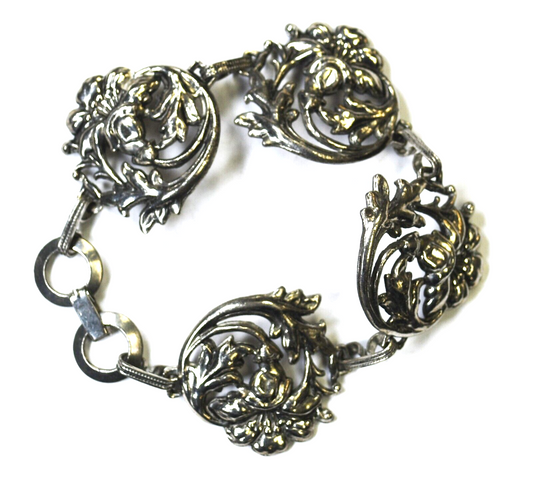 Sterling Vintage Flower Floral Vine 28mm Round Link Bracelet 7"