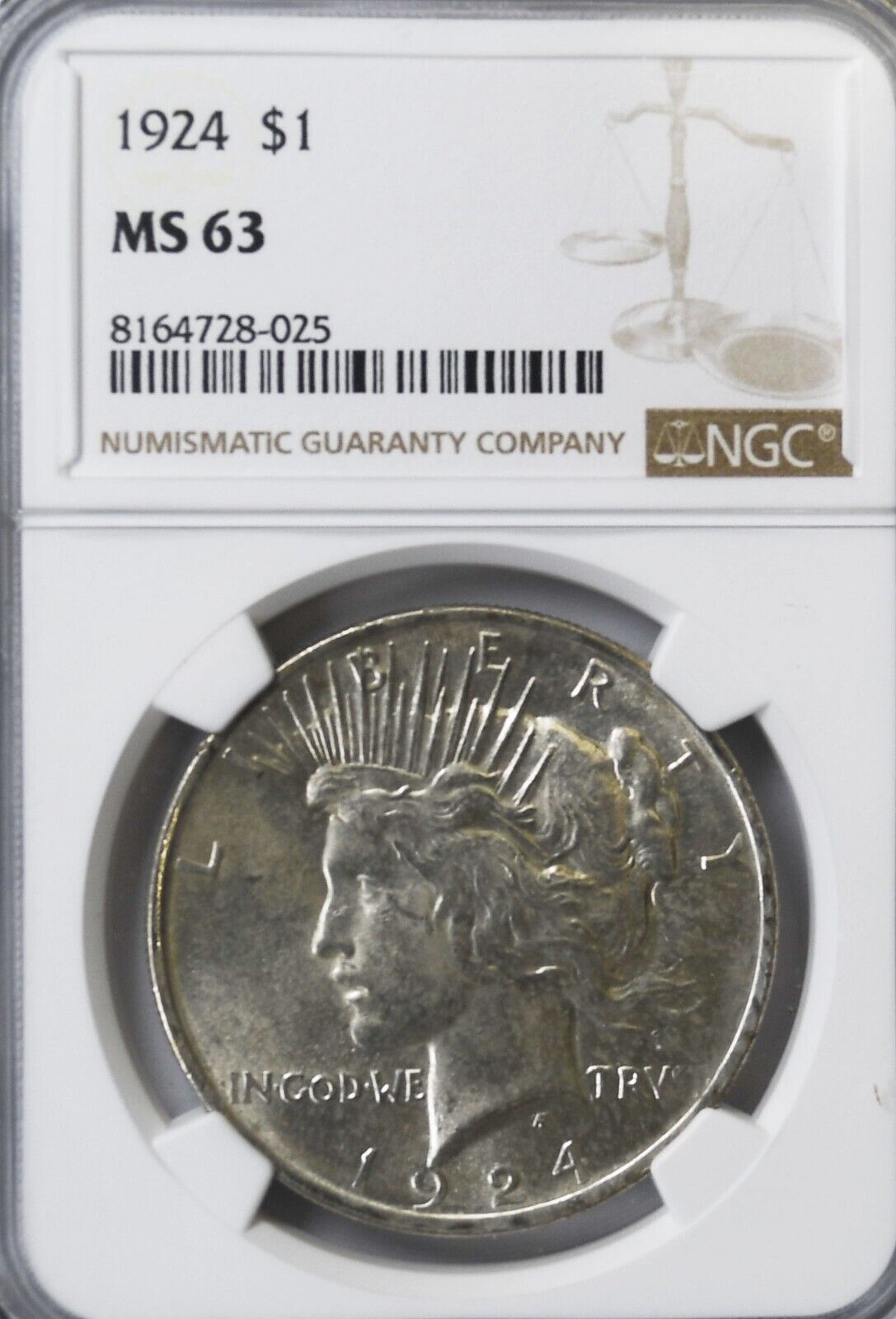 1924 $1 Peace Silver One Dollar US NGC MS63 Philadelphia