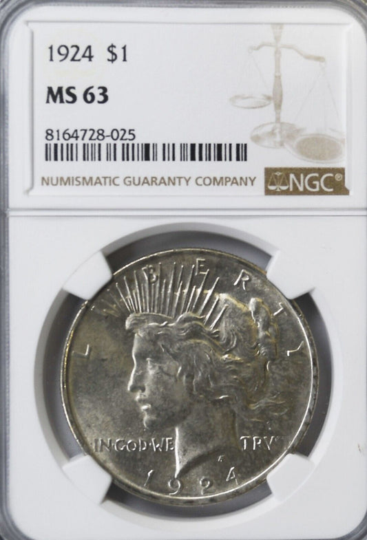 1924 $1 Peace Silver One Dollar US NGC MS63 Philadelphia